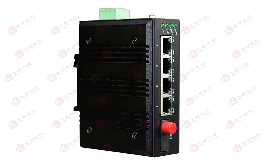 飛暢科技-mini工業(yè)軌式 4路百兆(物理隔離，總帶寬100M)轉(zhuǎn)1路百兆光